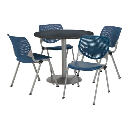 Kfi 42" Round Dining Table & Chair Set, Graphite Table With Navy Plastic Chairs T42RD-B1922SL-GPN-2300-P03